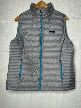 Patagonia Women's Gray Puffer Vest with Teal Trim